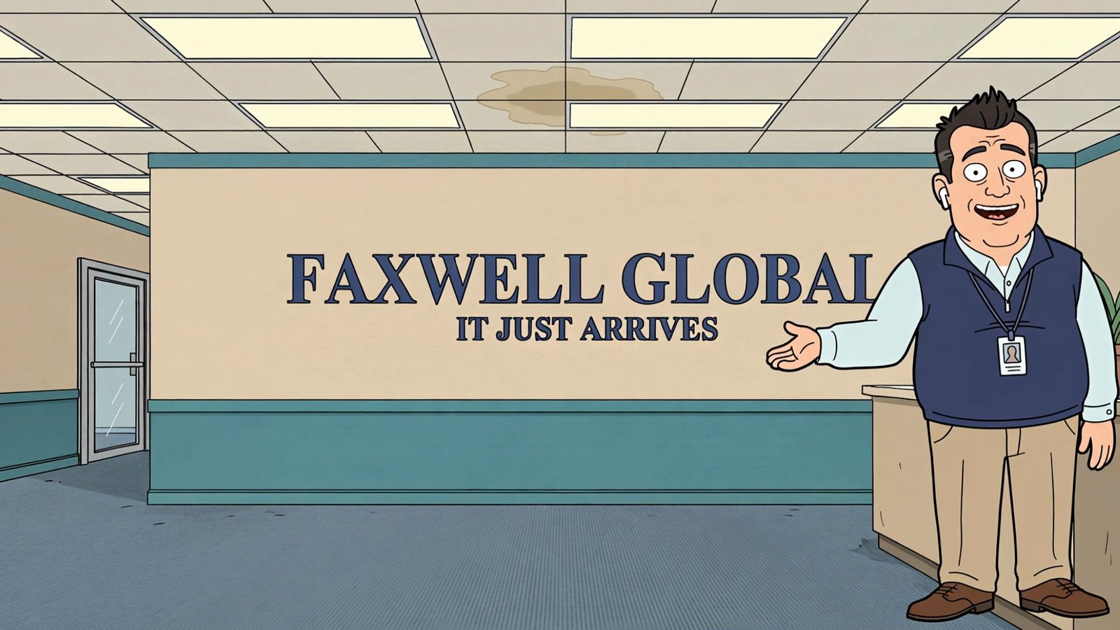 Brent Kowalczyk presenting the FaxWell Global lobby sign: It Just Arrives.