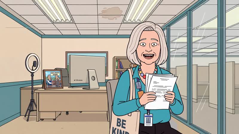 Linda reads a self-evaluation aloud in Brent's office
